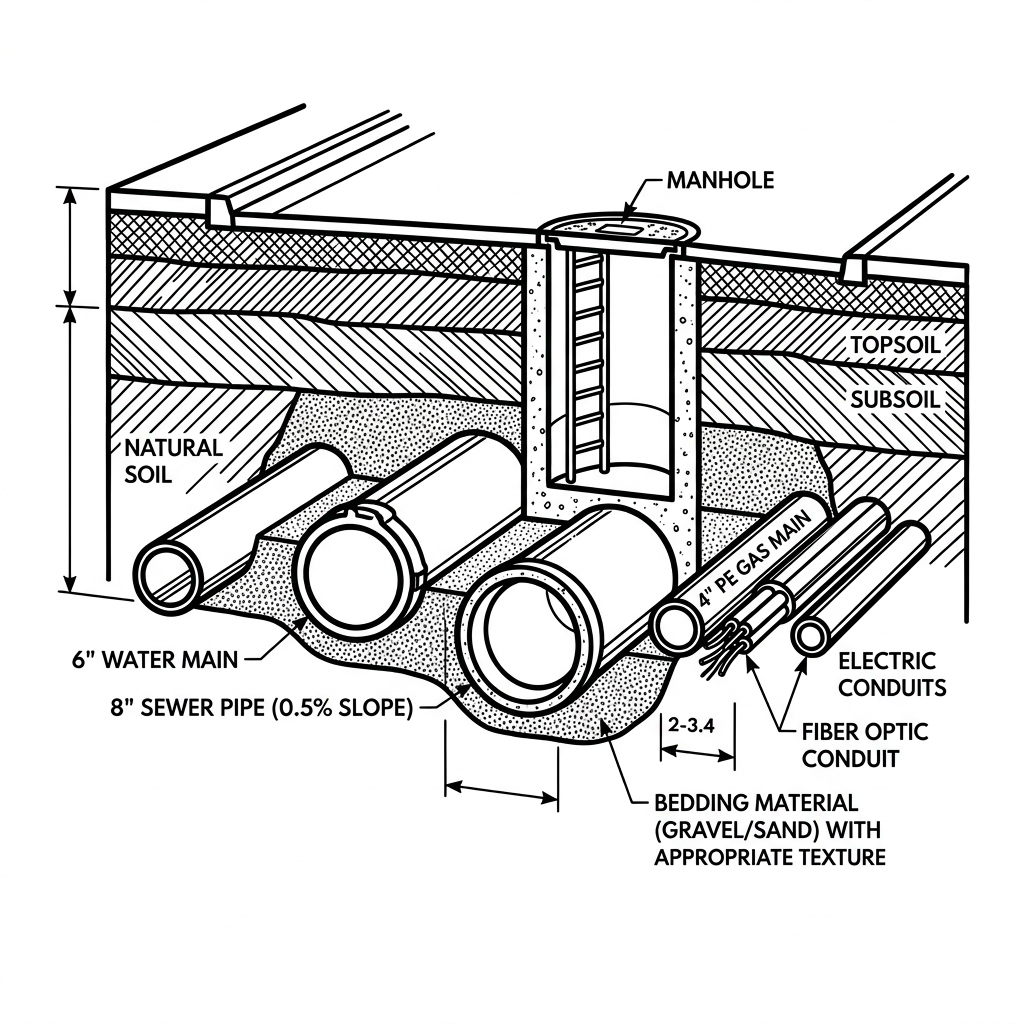 Cross-section of underground utilities including water main, sewer pipe, gas main, electric conduits, fiber optic conduit and a manhole